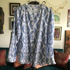 LIZ CLAIBORNE size XXL Blue & White Floral Birds Print Button Front Blouse Top